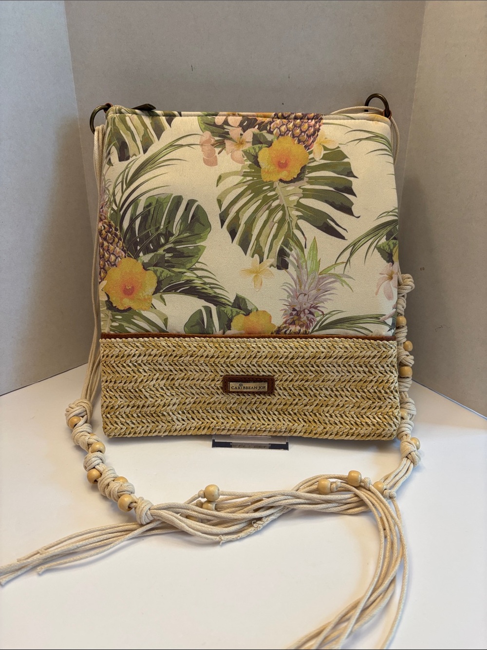 Caribbean Joe Floral Straw Crossbody Bag BRAND NEW